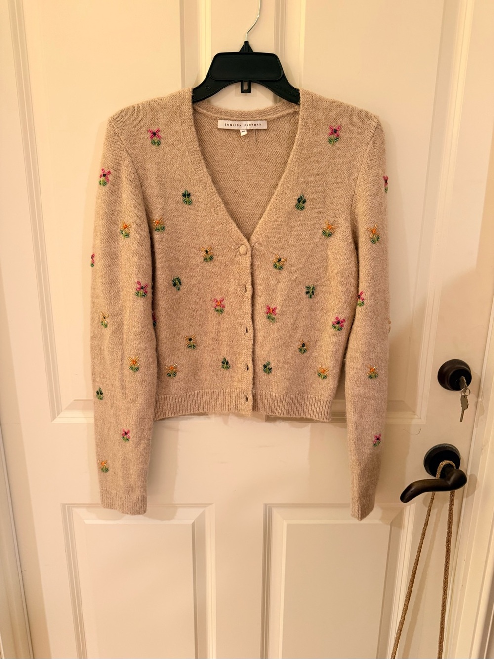 English Factory Tan Floral Embroidered V-Neck Cardigan